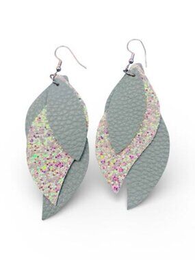 Elegant Silver and Glitter Green Leaf Earrings